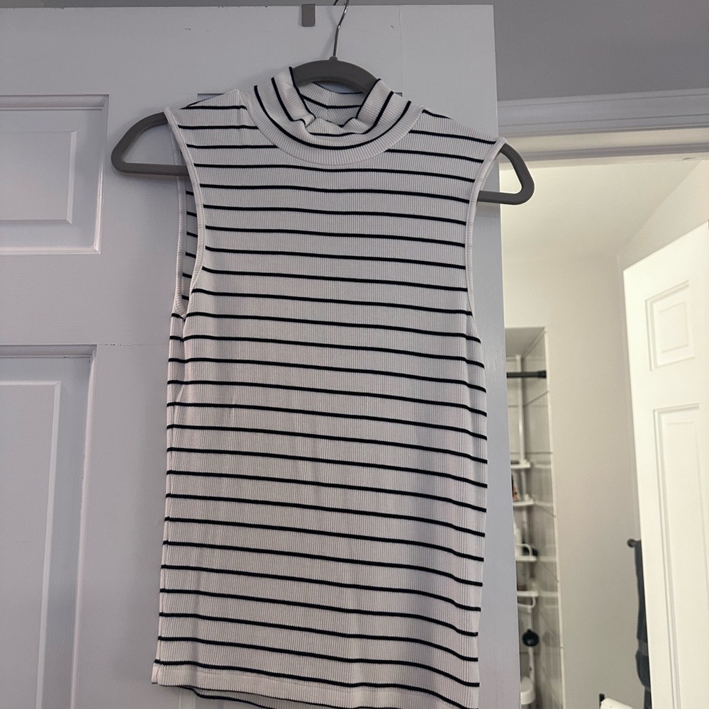 Sanctuary White Ribbed Mock Neck Tank with Black Stripes